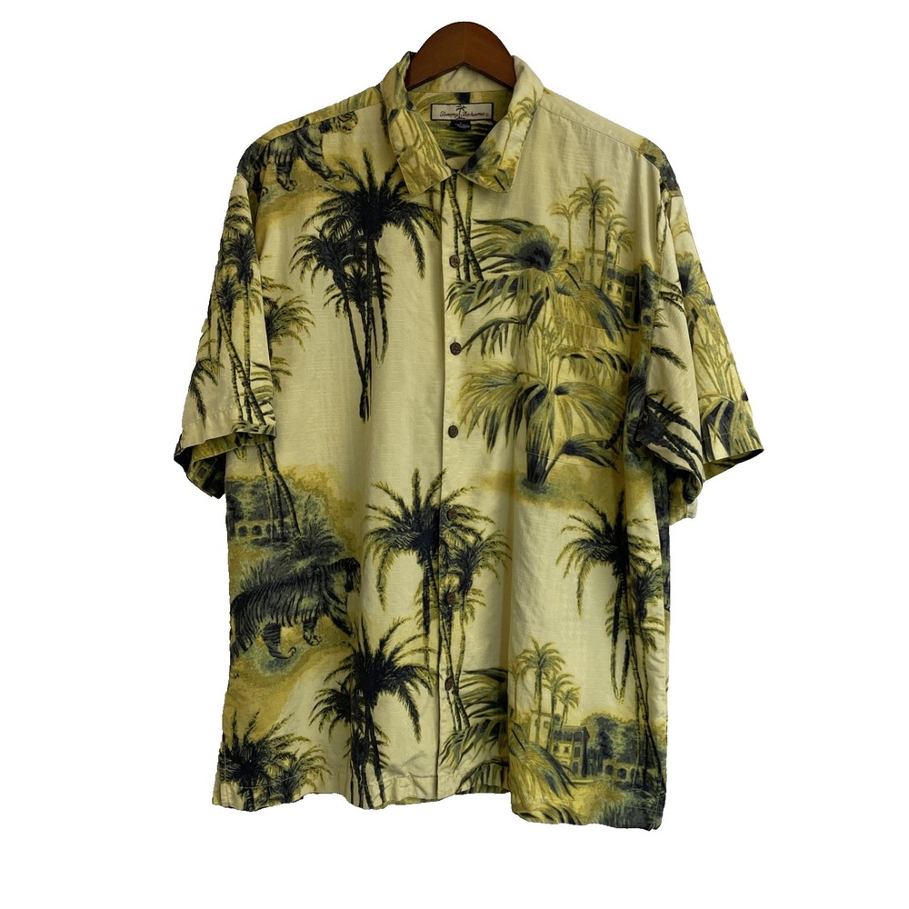 Tommy Bahama Shirts Mens Large Yellow Silk Palm‎ Tree Tiger Hawaiian Camp Casual